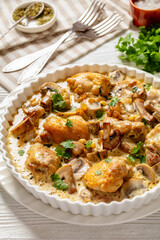 chicken thighs in a creamy mushroom garlic sauce