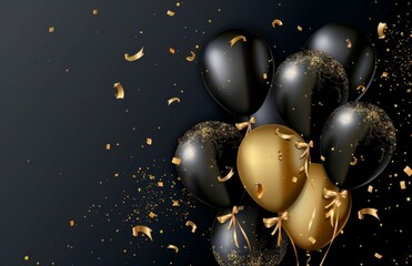 Black and Gold Balloons With Gold Confetti and Streamers