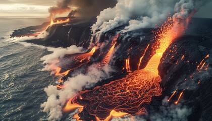 Dynamic Aerial View of Active Volcano Eruption, Lava Rivers Flowing into the Ocean - obrazy, fototapety, plakaty