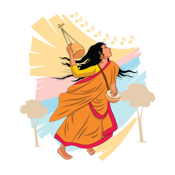 Baul singer in West Bengal India artist playing Ektara folk music illustration Bangla Noboborsho