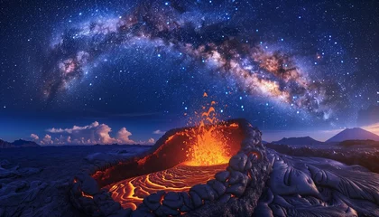 Foto auf Alu-Dibond Ethereal Glow of Active Volcano Under the Milky Way, Night Sky Alive with Natural Wonders © Muhammad