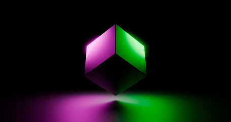 glowing multi-colored luminescent 3D cube on a dark background, wallpaper, illustration