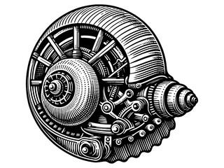 Fototapeta premium Sea shell with a complex mechanism. Hand drawing vintage style black. Raster, generative ai.