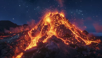 Foto auf Alu-Dibond Majestic Active Volcano Illuminating the Night Sky with Fiery Lava Explosions © Muhammad