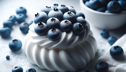 Blueberry Meringue Delight. Fresh blueberries on a crisp meringue base, dusted with powdered sugar.