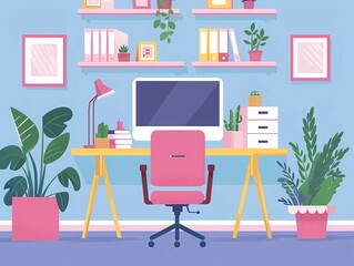 Remote Work Environment Flat Illustration of a Freelancer's Home Office Desk Setup