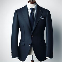 Elegant Navy Blue Suit Jacket Displayed on a Mannequin, Accentuated with a Patterned Tie and Pocket Square