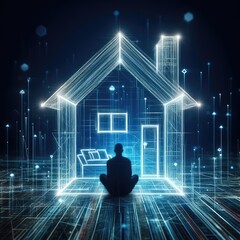 A man sitting in the dark with abstract linear futuristic house with ai concept