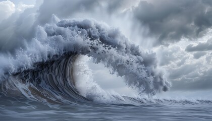 Ocean's Fury: Immense Wave Crashing on a Cloudy Day, Emblematic of the Sea's Untamed Spirit - obrazy, fototapety, plakaty