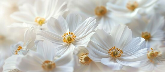 Background of white flowers with a close-up view of the delicate texture of white petals. A gentle and ethereal picture.