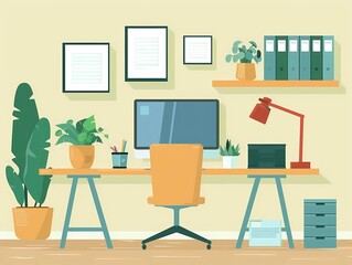 Remote Work Environment Flat Illustration of a Freelancer's Home Office Desk Setup