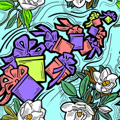 Gift box, ribbon and flowers seamless pattern for wrapping present with bow, party celebration, sale promotion, Textile print, fabric design, banner background. Hand drawn illustration cartoon style.