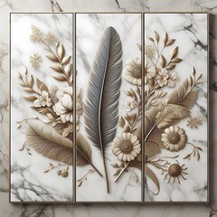 Elegant Harmony of Nature: A Detailed Artwork Capturing the Intricate Beauty of Blooming Flowers Amidst a Symphony of Feathers on a Marble Canvas