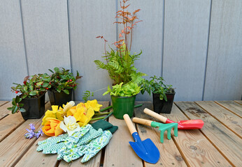 Yard and garden tools on seasonal potting bench for spring summer gardening clean up