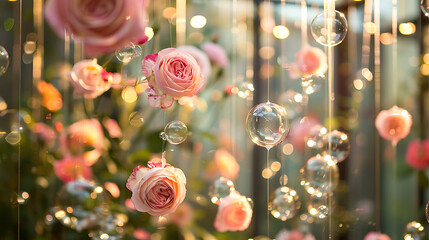 Fototapeta premium a whimsical display of pink roses encased in clear, hanging bubbles. The roses create a lush and vibrant atmosphere, while the bubbles add an enchanting touch.