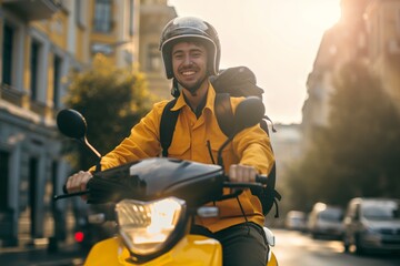 The courier, a smiling man in yellow, wearing a helmet, with a bag on his back and equipment rides on a scooter, delivery service