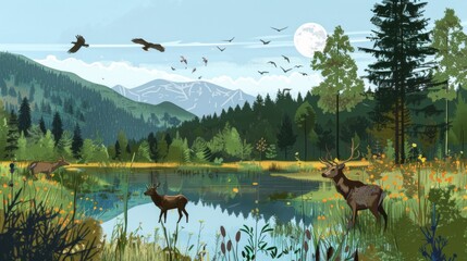 Fototapeta premium Deer by Lake Painting