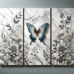 Ethereal Beauty: A Majestic Butterfly Amidst Blossoming Flowers on Marble Canvas