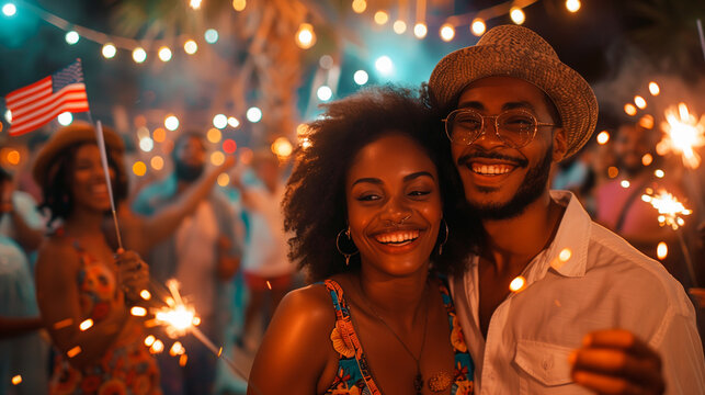 A young African American couple celebrates holiday festivity Independence Day in the United States on July 4th with lights in the night and fireworks