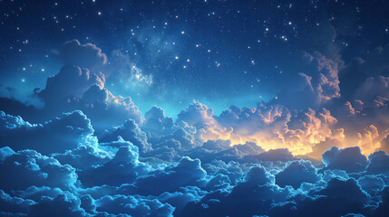 Amazing night sky with clouds, light and shining stars.