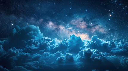Night sky full of stars above cloud cover.