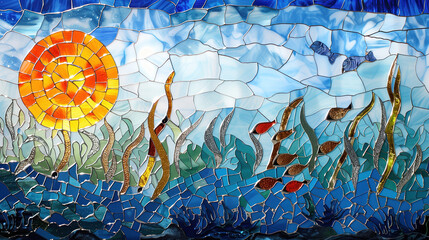 Mosaic with sea elements and the rising sun. Bright stained glass with fish and algae on a blue background.