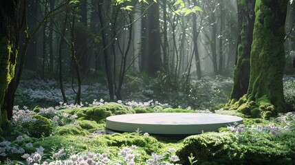 A mesmerizing podium nestled in an enchanted forest where every step is on a bed of soft moss and the air is filled with the sweet . .