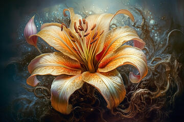 Obraz premium A painting of a flower garden with a yellow flower in the foreground.