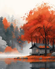 Rollo House on Hill with Vibrant Smoke Detail, Surrounded by Trees and Cycles, Clean Minimalist Painted Background © netsign
