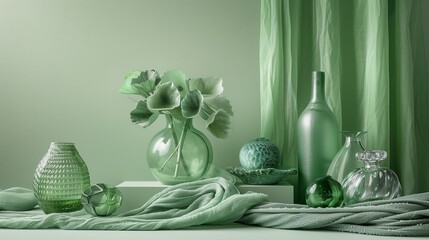 a green display filled with a vase and lots of other glass items