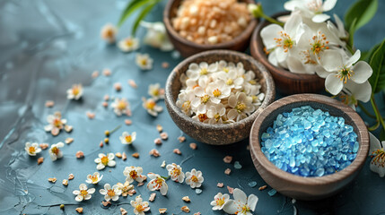 Spa composition with sea salt and flowers. Set of multi-colored bath salts with floral decorations.