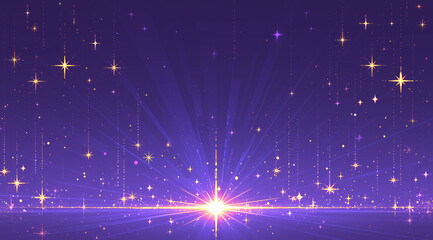 Purple background with rays and stars on the horizon.