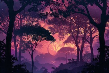 Sunset in the forest with vibrant graduated purple color and a dark trees silhouettes. 