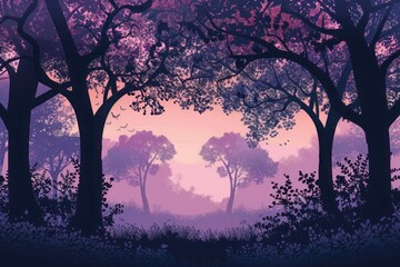 Sunset in the forest in violet graduated monochromatic color with dark trees silhouettes.