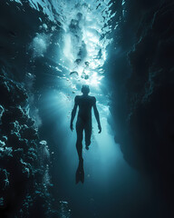 Fototapeta na wymiar Artistic Underwater Exploration: Vibrant Painting of a Free Diver in Azure Depths