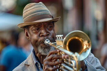 A music artist in a stylish sun hat is skillfully playing a brass wind instrument at a vibrant outdoor event, showcasing their talent and love for music