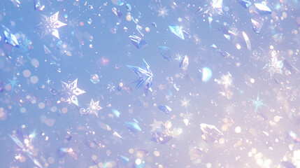 Shining sparkling background with blue and white elements in the shape of stars and crystals.