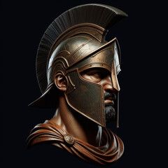 Spartan warrior in armor with shield, antique Greek military soldier. Illustration of an antique spartan warrior in armor with a spear in the forest, an ancient soldier in a helmet.	