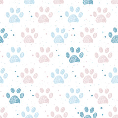 Pink and blue paw prints seamless fabric design pattern