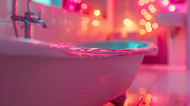 A bathtub with a white tub and pink lights in the background, AI