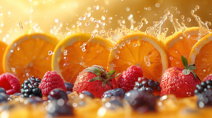 Bright composition of ripe fruits and berries with water splashes.  Juicy oranges, blueberries, berries.  Fruit background.
