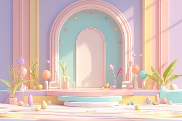 A simple and clean background with an arch-shaped stage in the center, surrounded by colorful shapes. 