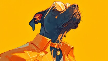 A stylishly dressed dog in colorful and sunglasses against an orange background, showcasing its fashion sense and individuality.