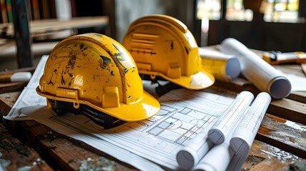 Blueprints and Hard Hats: The Essence of Construction Planning. Concept Construction Management, Building Design, Structural Engineering, Project Planning - obrazy, fototapety, plakaty