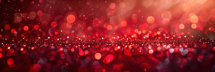 Glare on a red shiny background. Banner with bokeh effect.