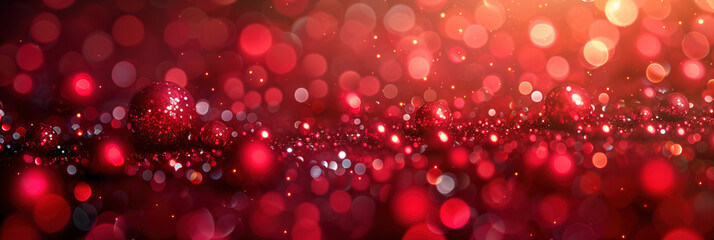 Glare on a red shiny background.  Abstract red background with flickering light dots.  Banner with bokeh effect.