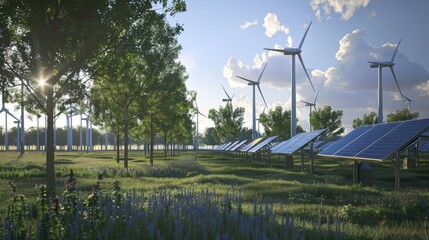 Solar Panels and Wind Turbines in Field