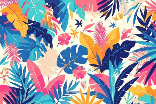 A vibrant and colorful illustration of various tropical leaves