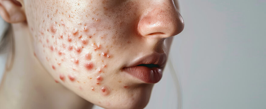 Acne pimples on the female face. Close-up of a woman face with problem skin, blackheads and allergic rash, clogged pores.