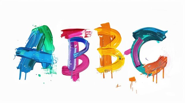 Bright and educational letter A, B, C poster for children, each letter distinctively painted with colorful, playful brushstrokes on a simple background,